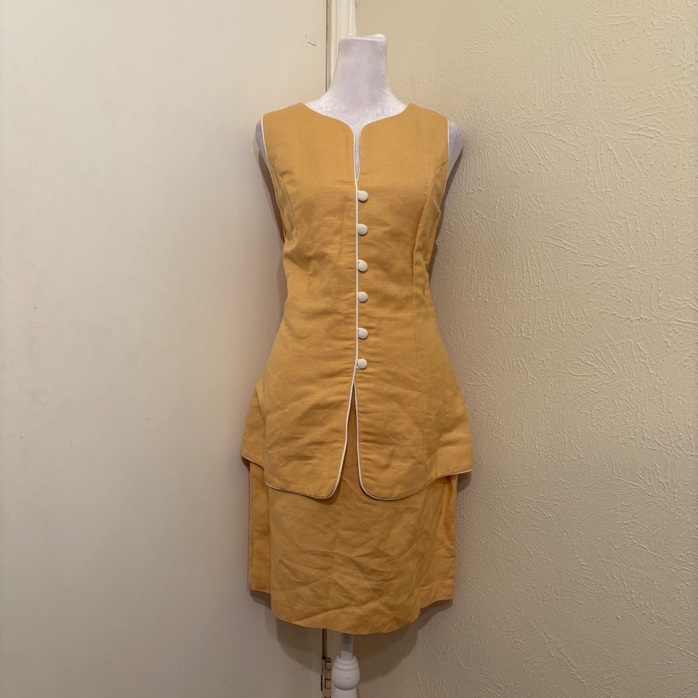 Vintage 80s Yellow Linen Blend Button Peplum Pencil Dress Preppy Coastal 12